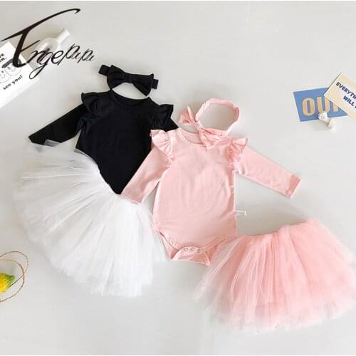 Engepapa Spring Autumn Infant Baby Girls Clothing Suit Rompers+Lace Skirt+Hair Band Toddler Baby Girls Clothing Sets