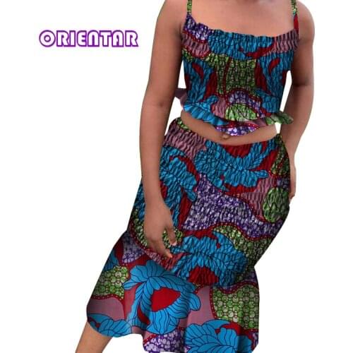 Two Pieces African Set Women Sleeveless Crop Tops and Skirt African Print Bazin Riche Elastic African Camisole Skirts Set WY4421