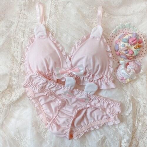 Anime Bunny Girl Cosplay Rabbit Lolita Girls Lingeire White Pink Wire Free Bra and Panty Set Underwear Women Halloween Costume