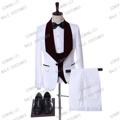 Costume Homme Mariage 2019 Terno Masculino Slim Fit Elegant White Tuxedo Burgundy Lapel Paisley 3 Piece Men Suits For Wedding