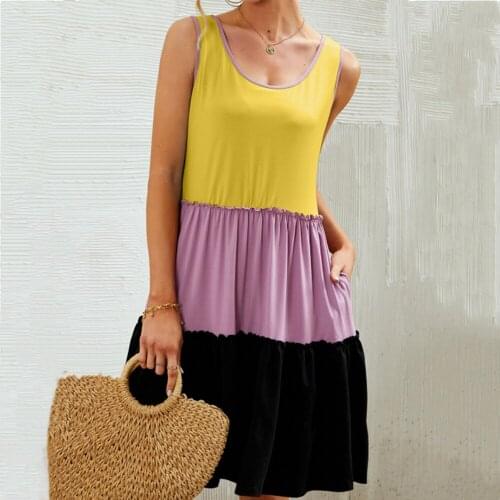 Summer Dress Femme Robes Women Sleeveless Contrast Color Splicing Mini Dresses Women Clothing Pocket Dress For Women Vestidos