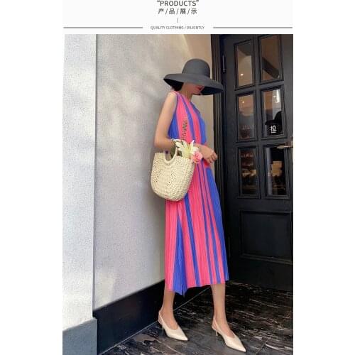HOT SELLING Miyake pleated dress stripe sleeveless o-neck A-Line dress IN STOCK