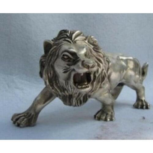 Copper Statue China Folk Refined white Copper Silver Feline animal Ferocious Male lion Statue