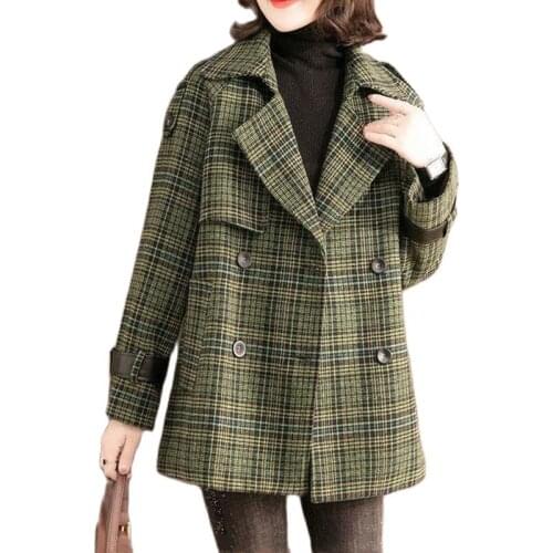 Fashion Plaid Woolen Coat Female Ladies Coat Top New Spring Autumn High Quality Blended Woolen Cloth Suit Wool Jacket Outerwear