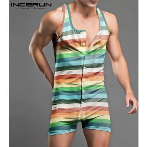 Men Striped Pajamas Rompers O Neck Sleeveless Jumpsuits Homewear Button Fitness Cozy 2021 Sleepwear Playsuits Men S-5XL INCERUN