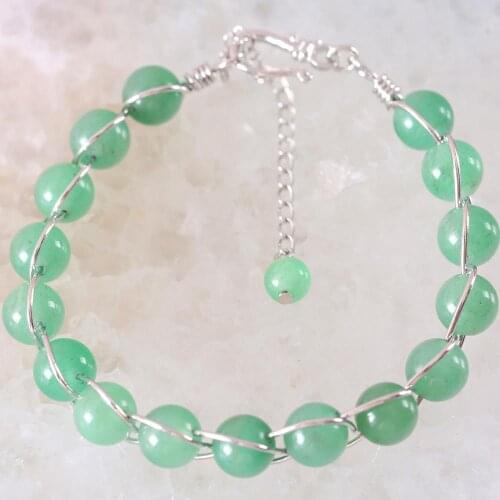 Charm Round Beads Bangle Natural Stone Green Aventurine Energy Bracelet Wire Wrapped for Women Jewelry Gift 1Pcs H085