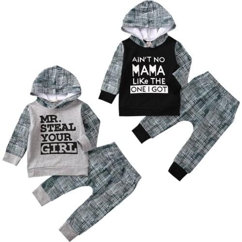 2020 Autumn Newborn Baby Boys Clothing Set Toddler Long Sleeve Letter Print Hooded Pullover Top + Elastic Waist Long Pants 0-24M