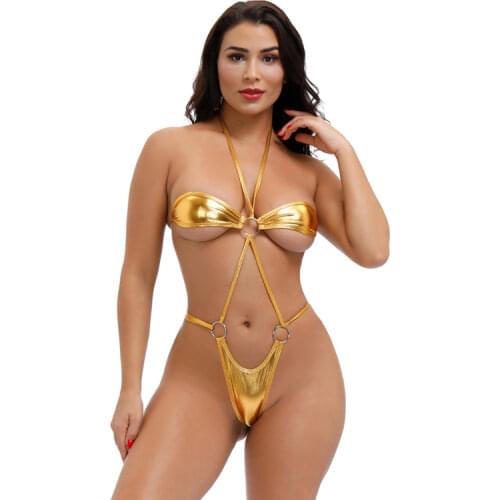 Sexy micro bikini swimwear women swimsuit one piece biquini bikinis Patent leather Bright light Halter String Lace Show buttocks