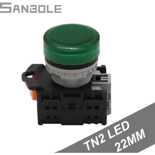 TN2 Signal Lamp LED Indicator Light 24V/220V Open Hole 22MM Electrical Circular Round Flat Head Green Button
