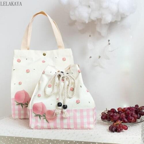 Cute Cartoon Canvas Lunch Box Bags Student Office Worker Bento Box Drawstring Handbag Picnic Outing Fruit Snack Drink Organize