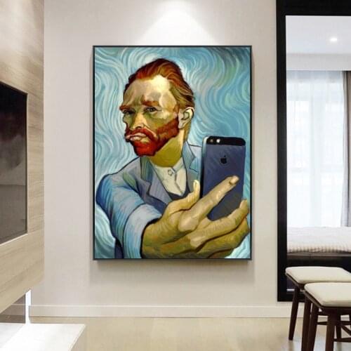 Funny Art Van Gogh Selfie By Phone Canvas Paintings on The Wall Art Posters and Prints Abstract Portrait of Van Gogh Pictures
