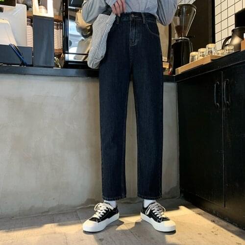 Dark Blue Simplicity Baggy Girl Student Denim Trouser Womens Jeans 2021 New Streetwear High Waist Straight Pants Vintage
