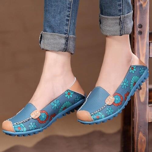 Women flat shoes 2021 new fashion ballet summer flower print women shoes genuine leathe loafers ladies flats shoes woman