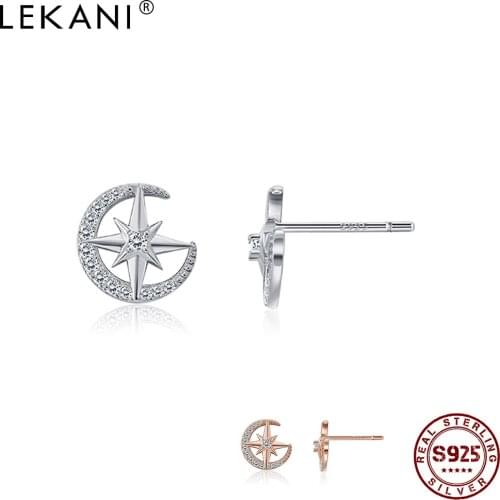 LEKANI Romantic Moon Star Earrings For Women Sterling Silver 925 Jewelry Clear CZ Rose Gold Stud Earring Anniversary Gift