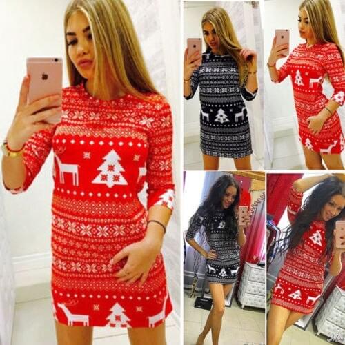 Womens Winter Knitted Christmas Dress Three Quarter Sleeve Printed Round Neck Fitting Casual Dress Ladies Xmas Party Clothes