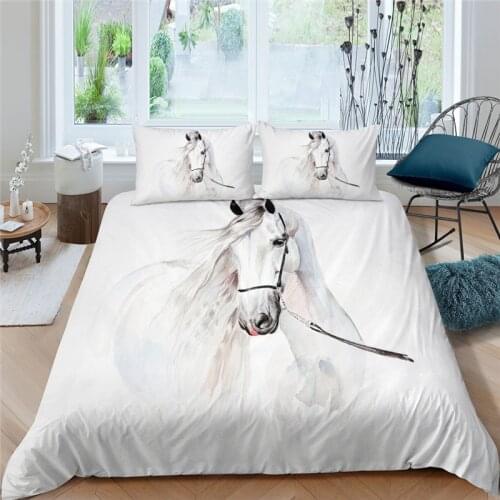 Luxury 3D White Horse Printed 2/3Pcs Bedding Set Animal Pattern Duvet Cover Pillowcase Home Textile Queen and King EU/US/AU Size