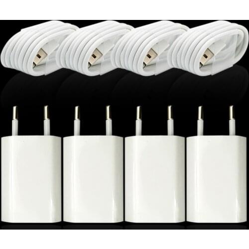 4Set/Lot Wall AC EU Plug USB Charger For iPhone 8 Pin USB Charging Cable + Travel Charger Adapter For Apple iPhone 5 5S 6 6S 7