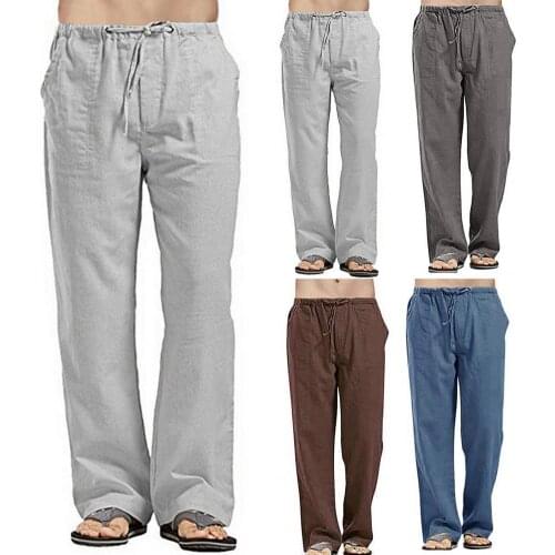 New mens straight-leg pants loose pockets with drawstring summer solid color linen multi-pocket pants with vest