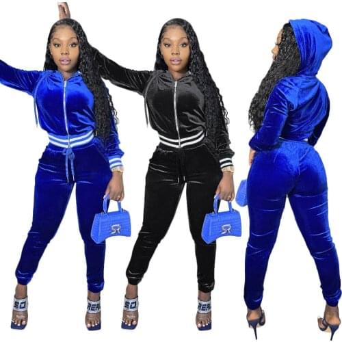 Casaul Women Tracksuit Hooded Zipper Coat And Long Pants Velvet Striped Drawstring Clothes For Women Outfit