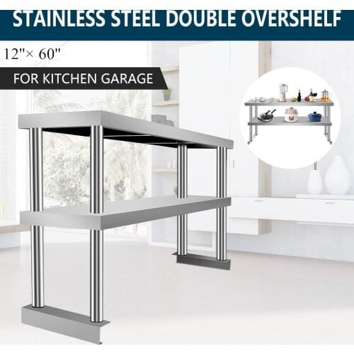 Double Overshelf 12x60 inch for Prep Tables Stainless Steel Kitchen Work Table Adjustable Lower Shelf Use for Home Commercial