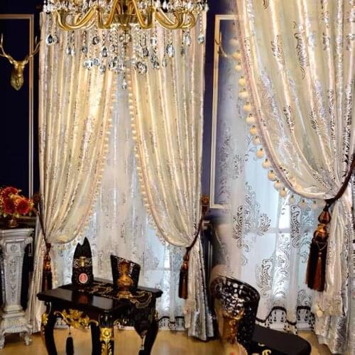 European and American Villa Living Room Bedroom White Hot Silver Pattern Tassel Hair Ball Lace Curtains Sheer Tulle Curtain#4