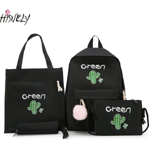 4pcs canvas school backpack set for teenage girls cactus printing shoulder bag+women backpack+pencil case+purse travel satchel
