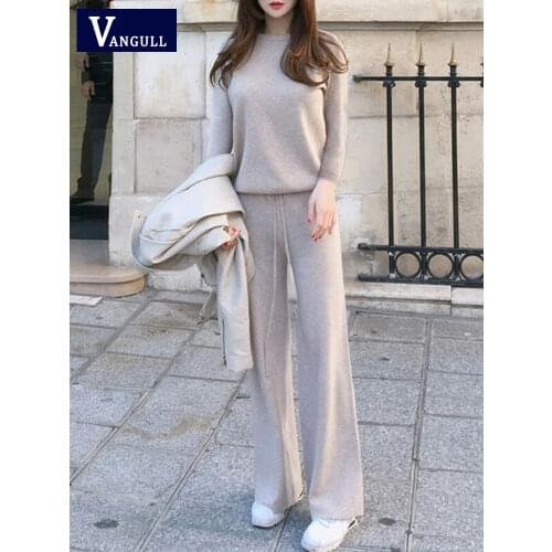 Vangull Casual Women 2 Pieces Sweater Set O-Neck Collar Tops Lace-up Elastic Waist Wide Leg Knitted Pants Winter Solid Set