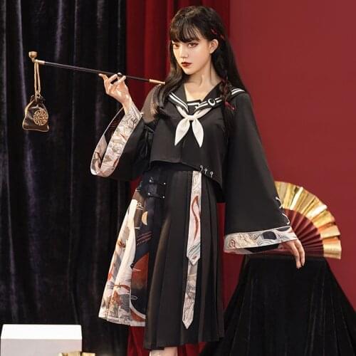 Chinese Style Suit Japanese Harakuju Black Shirt Cosplay Costume Asian Streetwear Hanfu Dress Costume Girls Pleated Skirt 12503