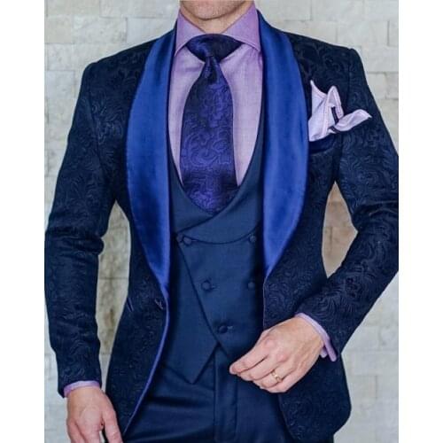 Handsome Groomsmen Embossing Groom Tuxedos Mens Wedding Dress Man Jacket Blazer Prom Dinner (Jacket+Pants+Tie+Vest) A21