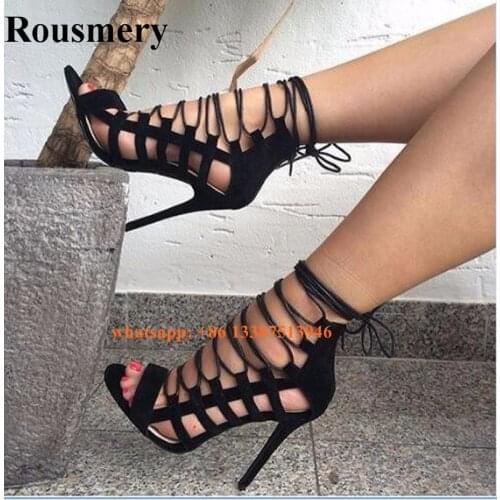 Hot Sale Women Open Toe Strappy Cross Gladiator Sandals Lace-up Ankle Strap High Heel Sandals Thin Heel Dress Shoes