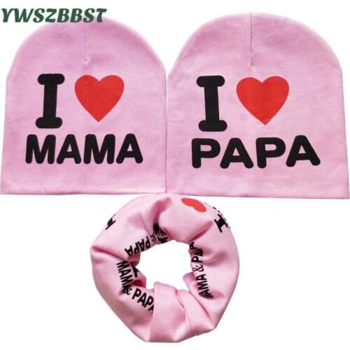 Fashion Cotton Baby Hat Scarf Kids Hat Autumn Winter Children Scarf-Collar Boys Girls I Love MAMA PAPA Infant Hats Set