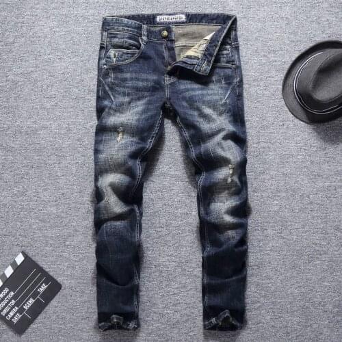 Italian Style Fashion Men Jeans Distressed Dark Blue Spliced Designer Ripped Jeans Men Slim Fit Vintage Retro Denim Punk Pants