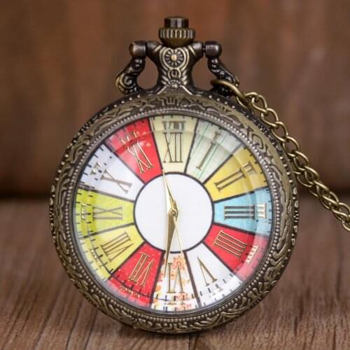 New Fashion Colorful Dial Pocket Watch Turntable Pattern Vintage Pendant Necklace Retro Men Women Gift Long Chain CF1062