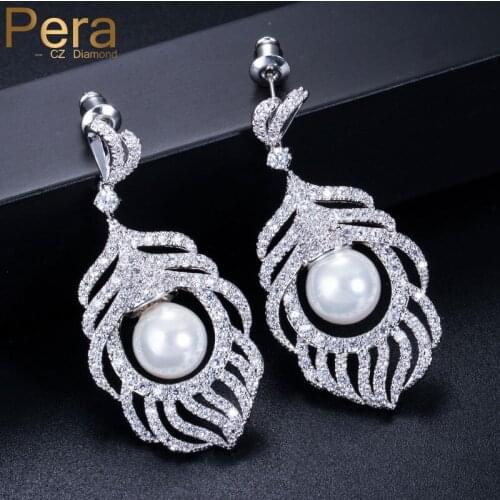 Pera Exquisite Noble Shape Full Cubic Zirconia Stones Inlay Women Long Big Pearl Drop Earring Jewelry With White Gold Color E009