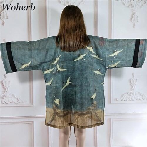 Woherb Chinese Vintage Kimono Cardigan Women Plus Size Tops harajuku blouse print crane cardigans coat 2021 Summer Blusas 20998