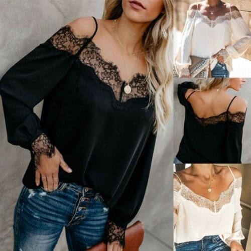 Women Blouse Shirts Fall Off Shoulder Tops Lace Long Sleeve Top Sling Female Sexy Black Vintage Korean Luxury White Party Shirt
