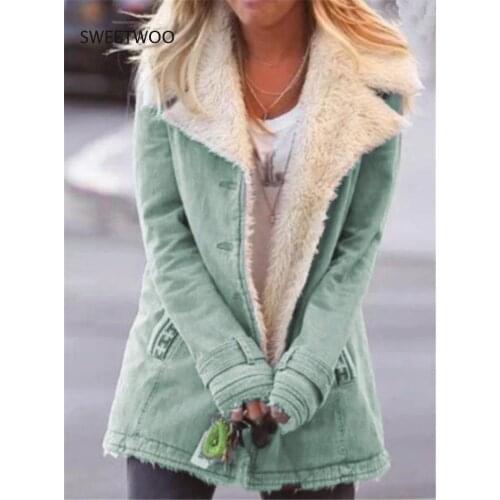 Women 's Clothing Autumn and Winter Plus Velvet Thick Warm Cotton Jacket Solid Color Long Sleeve Coat Female