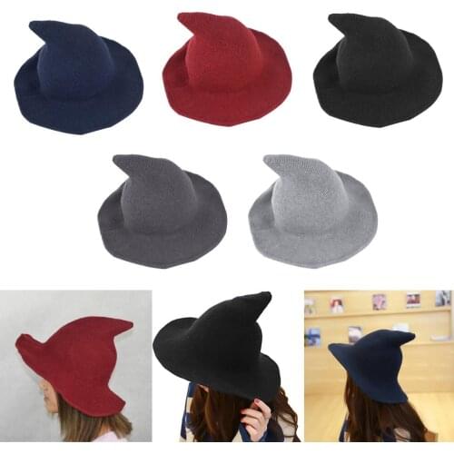 Halloween Wool Witch Cap Womens Wide Brim Foldable Pointed Hat Fancy Dress Carnival Parties - 56-58cm