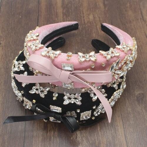Luxury rhinestone sponge ladies pink black headband velvet thick sponge headband female baroque rhinestone bow hairband hair