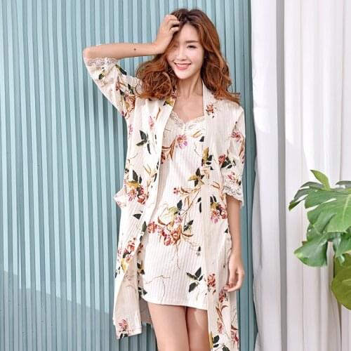 Spring summer women sexy lace cotton robe & gown set floral sleep dress+bathrobe two piece robe bridesmaid wedding sleepwear
