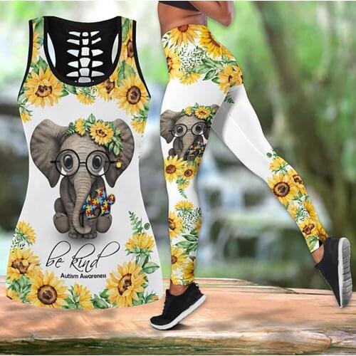 Womens Over Printed Yoga Suit Animal Autism Sphynx 3D Printing Hollow Vest Tank Top High Waist Leggings Sports Ladies Suit