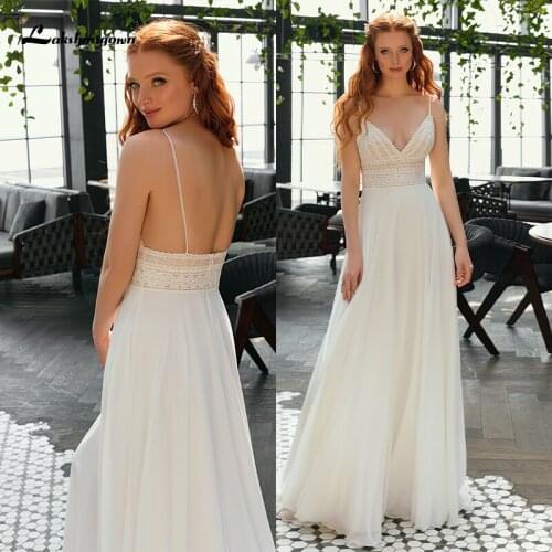 Sexy Boho Wedding Dress 2021 Spaghett Straps Lace Bodice Simple Chiffon Bridal Dress Vestidos Novia Vintage Beach Wedding Dress