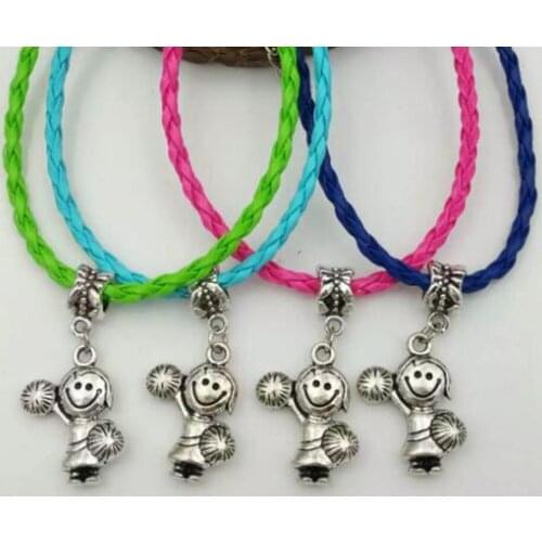 10 Pcs Fast shipping Girl cheerleaders Dangle Bead Pendant Mixed Color Leather Braided Rope Bracelet s &Bangles Womens Jewelry
