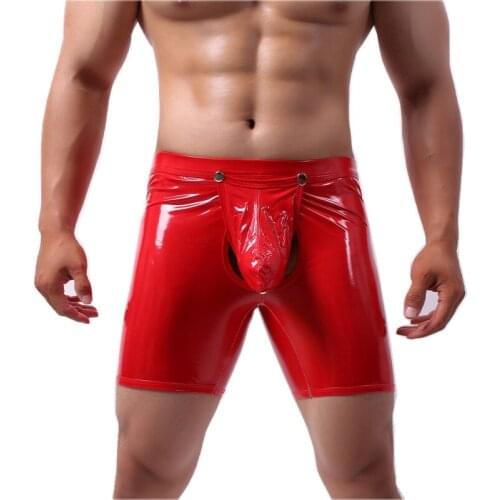 Sexy Wetlook Boxers for Men Faux Leather Underwear Short Pants Shiny Boxershorts Males Removable Penis Pouch Trunks Clubwear New