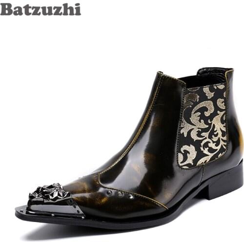 Batzuzhi 2018 Newest Italian Handmade Men Leather Boots Ankle Point Iron Toe Motocycle Boots Brown Men Dress Boots Botas Hombre