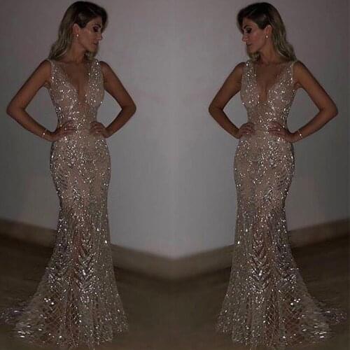 BKLD Elegant Women 2018 New Maxi Evening Party Shiny Sequin Long Dress Backless Sleeveless Sexy See Through Mesh Dress Plus Size