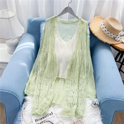 Long Loose Hollow Out Knitted Women Sweater Cardigan Summer New 2021 Solid Elegant Office Lady Outwear Tops