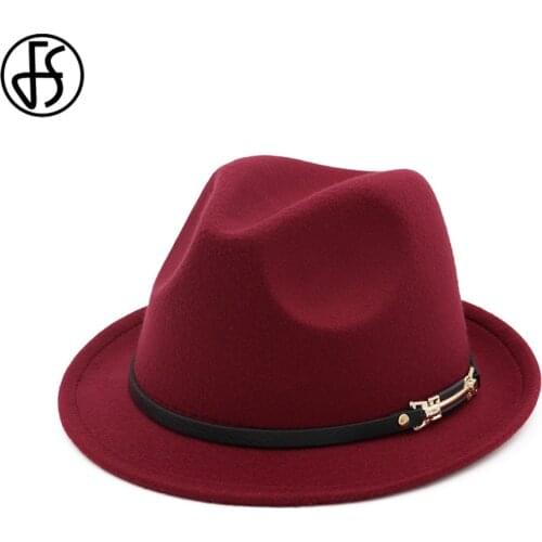 FS Fashion 2020 Short Brim Fedoras Women Wool Fedora Hat Men Jazz Panama Solid Black Wine Red Blue Vintage Trilby Cap Felt Hats