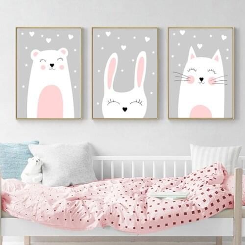 Animal Canvas Painting Cartoon Poster Print Rabbit Bear Cat Nursery Wall Art Picture Nordic Wall Painting Baby Girl Room Decor