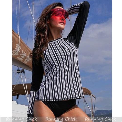 Single Piece Surfsuit, Female, Stripe, Stitching, Long Sleeve, Sunscreen, Snorkeling Suit, Hot Spring, Drifting Suit, No Trunks